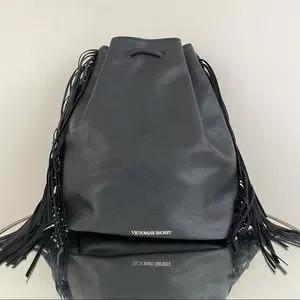 Victorias Secret Fashion Show Backpack Bucket Bag Faux Leather Fringe Black NWT Victoria Secret Weekender Backpack Large Bags & Handbags for  main image 3
